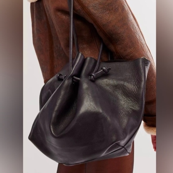 Free People | Leather "Head Over Heels" Tote Bag | Navy Blue - Picture 2 of 14